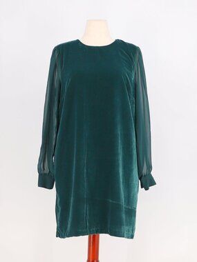 J.CREW Velvet Mini Shift Dress Sheer Sleeve in Green Size 14